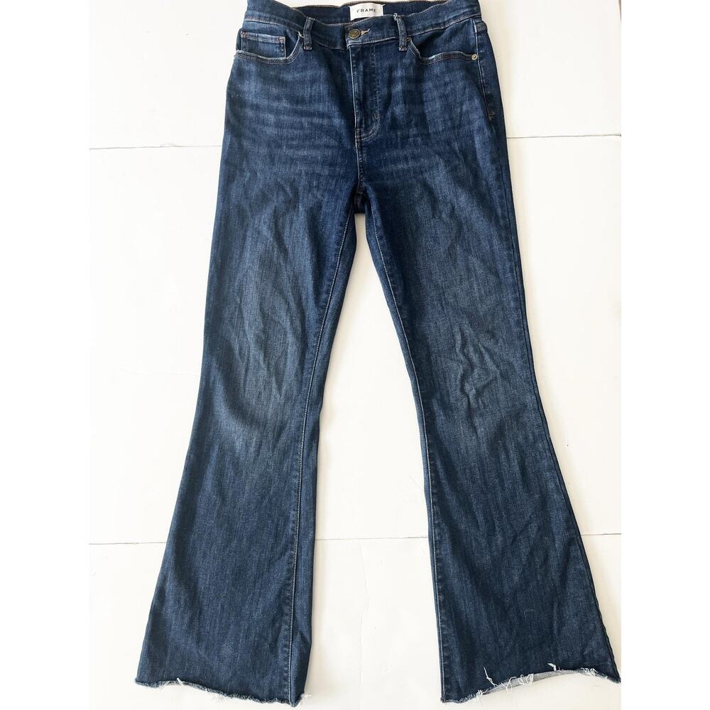FRAME Aspire Raw After Jeans Women 29 Blue High Rise Slim Flare Raw Hem Stretch
